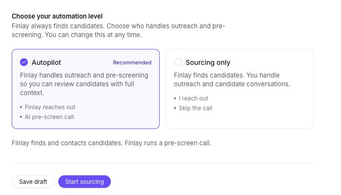 The automation selector shows Autopilot and Sourcing only before a job is published.